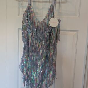 Luxxel Iridescent Fringe Sequin Mini Dress in Lavender